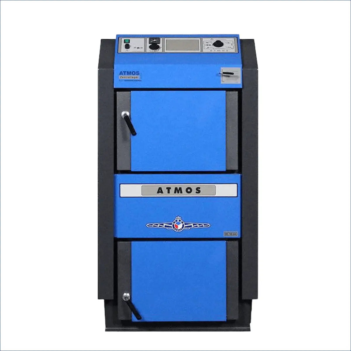 Blaue und graue Holzvergaserheizung aus der GSE Serie mit 40 kW Leistung