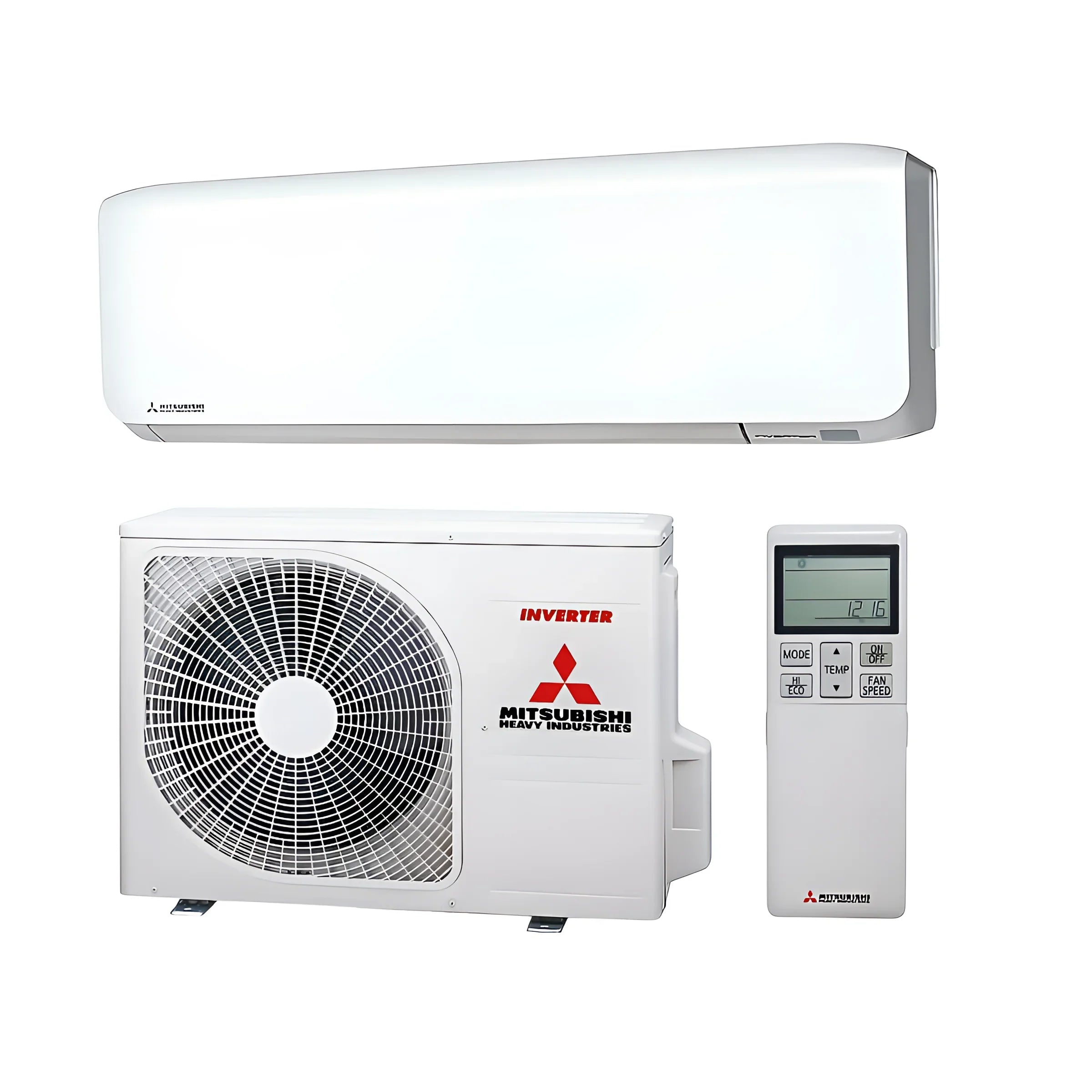 Weißes Mitsubishi Monosplit-Klimaanlage mit Fernbedienung, Teil von Mitsubishi Heavy Industries