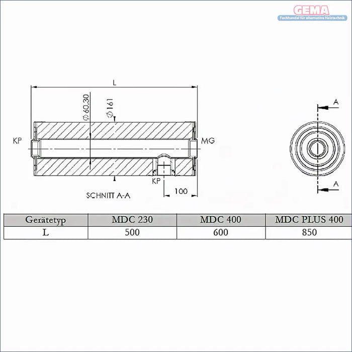 Technische Zeichnung eines zylindrischen Bauteils mit Maßen für Nachheizmodul MDC 230