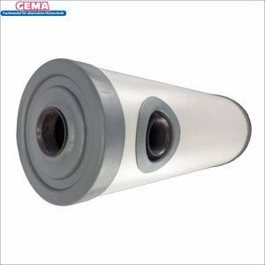 Cylindrischer Wasserfilter mit threadsicheren Anschlüssen für Nachheizmodule bei robuster Bauweise