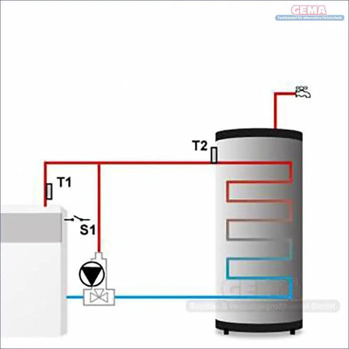 Schematische Darstellung eines Wassererwärmungssystems für Temperaturdifferenzregler EU-21 CWU