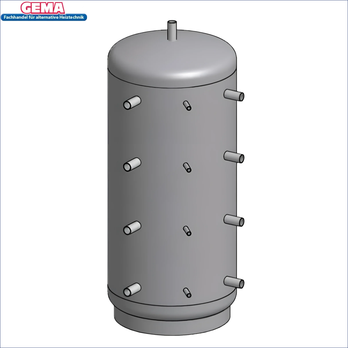 Grauer zylindrischer Pufferspeicher ohne Wärmetauscher mit mehreren Ports, ideal für Boiler-Zubehör